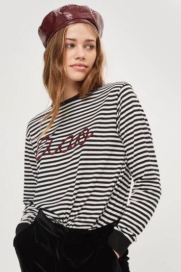 Topshop 'ciao' Embroidered Slogan Striped T-shirt