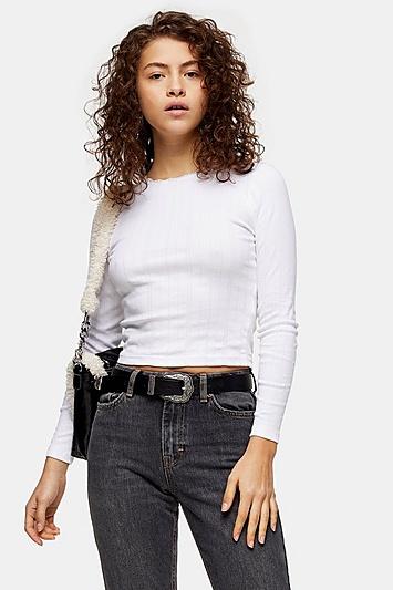 Topshop Petite White Pointelle Long Sleeve T-shirt