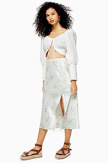 Topshop Cream Daisy Button Bias Midi Skirt