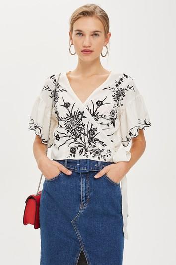 Topshop Emboirdered Floral Wrap Top