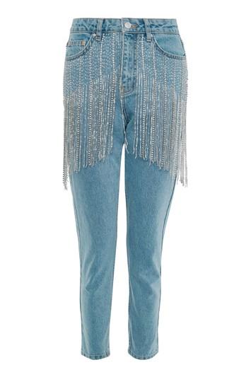 Topshop Limited Edition Moto Diamante Fringe Waist Mom Jeans