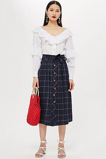 Topshop Linen Check Midi Skirt