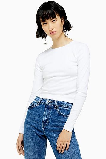 Topshop Tall White Pointelle Long Sleeve Top