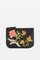 Topshop Black Holly Bird Embroidered Zip Top Purse