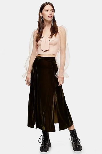 Topshop Olive Velvet Split Midi Skirt