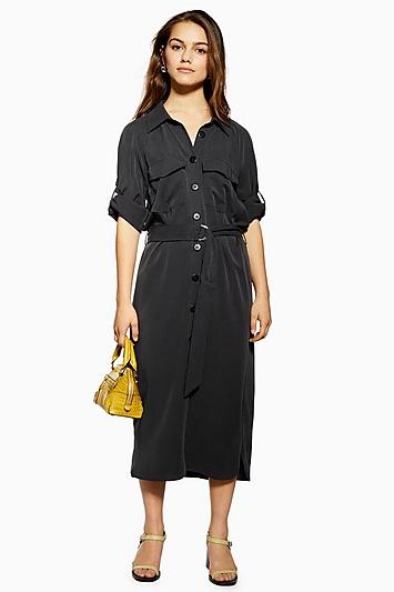 Topshop Petite Utility Tencel Midi Shirt Dress