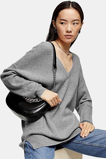 Topshop Grey V Neck Knitted Jumper With Cashmere
