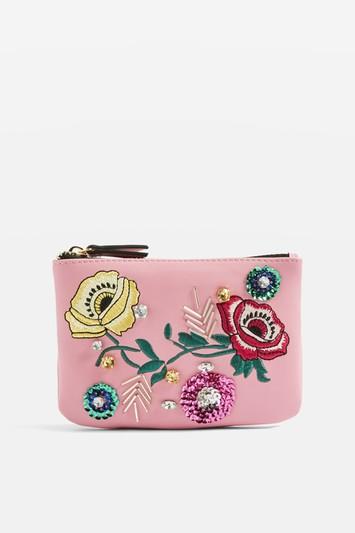 Topshop Nude Floral Embroidered Zip Top Purse