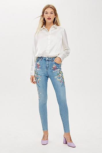 Topshop Mid Blue Embroidered Jamie Jeans