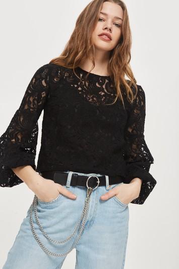 Topshop Lace Blouson Sleeve Top