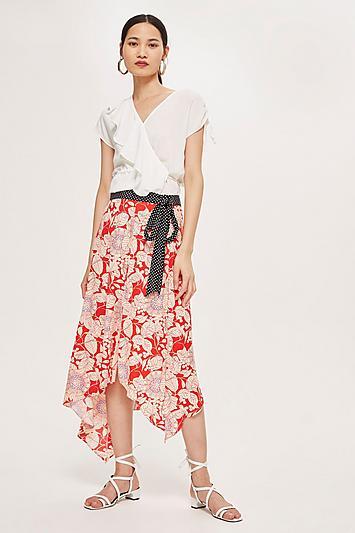Topshop Floral Spot Trim Midi Skirt