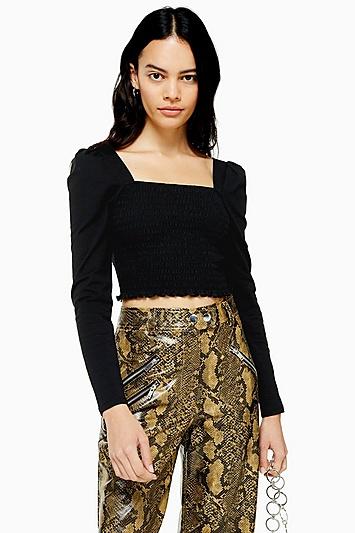 Topshop Black Long Sleeve Shirred Top