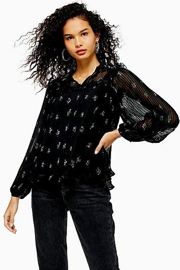 Topshop Oakland Embellished Floral Pleated Blouse