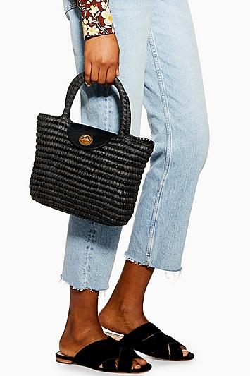 Topshop Black Finch Straw Mini Tote Bag
