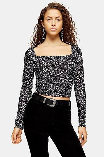 Topshop Petite Floral Long Sleeve Pointelle Prairie Top