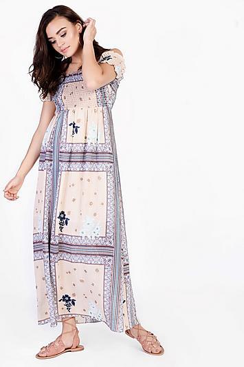 Topshop *border Print Bardot Maxi Dress