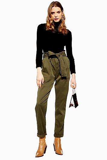 Topshop Petite Khaki Paperbag Utility Cargo Trousers