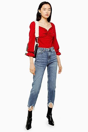Topshop Mid Blue Jagged Hem Straight Jeans