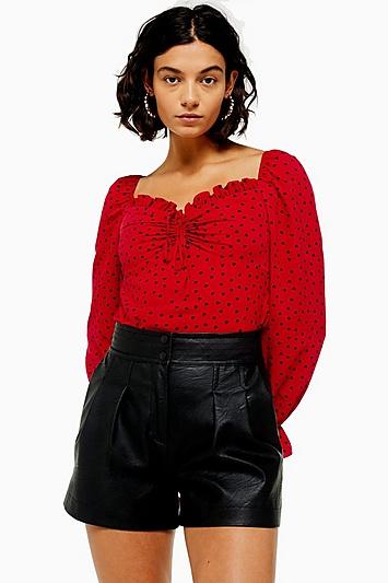 Topshop Palermo Red Heart Print Long Sleeve Blouse