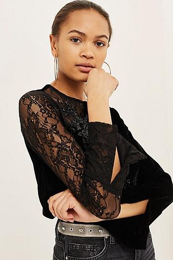 Topshop Velvet Embellished Lace Top