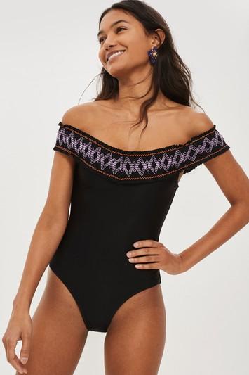 Topshop Shirred Bardot Swimsuit