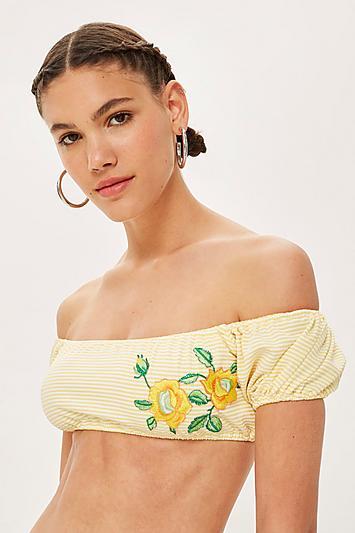 Topshop Gingham Embroidered Bardot Bikini Top