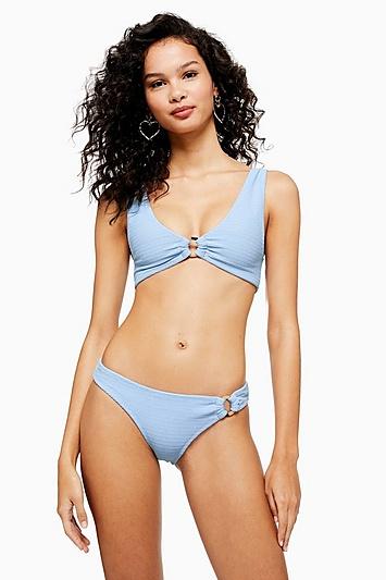 Topshop Pale Blue Crinkle Ring High Leg Bikini Bottoms