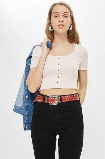 Topshop Short Sleeve Horn Button Cropped Top