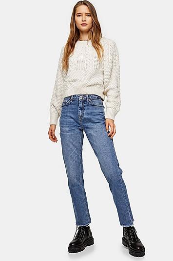 Topshop Mid Blue Rip Hem Straight Jeans