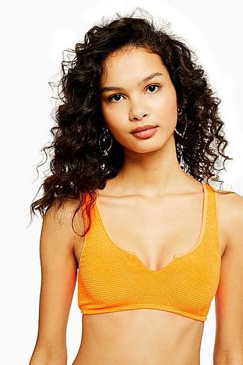 Topshop Neon Orange Crinkle Notch Crop Bikini Top
