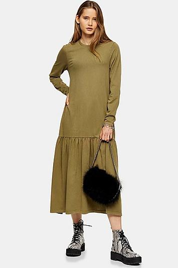 Topshop Khaki Acid Wash Drop Waist Dress