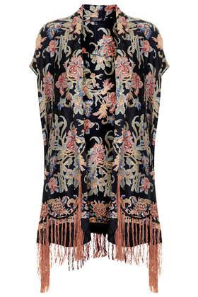Topshop Black Jacquard Fringe Kimono