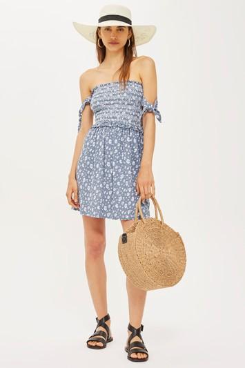 Topshop Tie Sleeve Print Bardot Dress