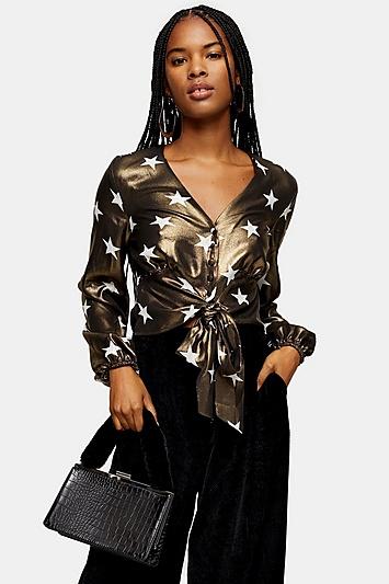 Topshop Star Foil Tie Front Blouse