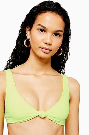 Topshop Neon Yellow Velour Knot Crop Bikini Top