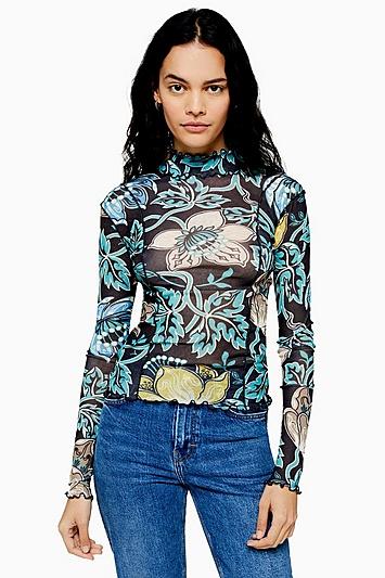Topshop Long Sleeve Floral Mesh Top