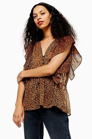Topshop Petite Animal Print Plisse Pleat Sleeve Top
