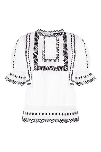 Topshop Poplin Embrodiered Puff Sleeve Top