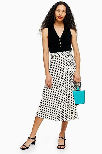 Topshop Petite Monochrome Spot Pleat Midi Skirt