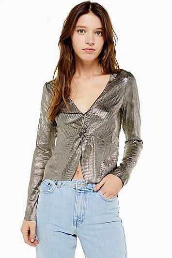 Topshop Gold Foil Plunge Long Sleeve Top