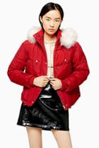 Topshop Red Faux Fur Hooded Puffer Jacket
