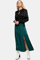 Topshop Emerald Green Satin Split Midi Skirt