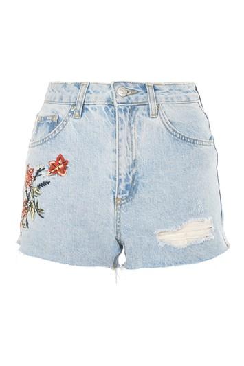 Topshop Petite Fire Flower Denim Shorts