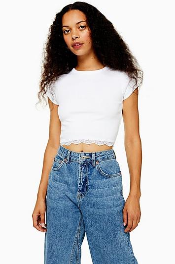Topshop Petite Lace Hem Crew Neck T-shirt