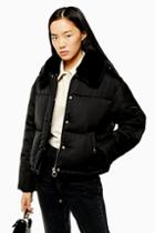 Topshop Petite Black Padded Puffer Jacket With Faux Fur Collar