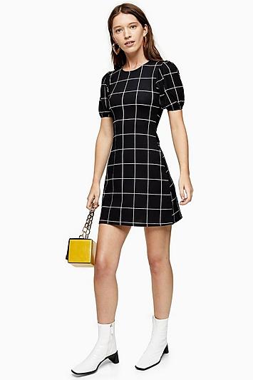 Topshop Black And White Check Crinkle Puff Sleeve Mini Dress