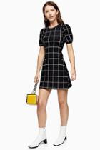 Topshop Black And White Check Crinkle Puff Sleeve Mini Dress