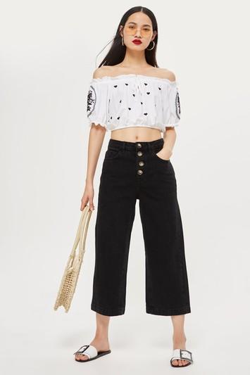 Topshop Black Button Cropped Wide Leg Jeans