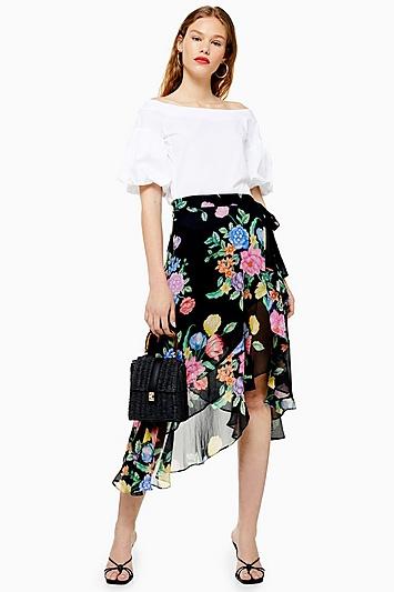 Topshop Petite Floral Chiffon Wrap Midi Skirt