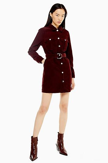 Topshop Burgundy Corduroy Belted Shirt Dress